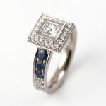14K palladium white gold, princess diamond, round diamonds, sapphires PASH Jewellery Design, Gillian E. Batcher