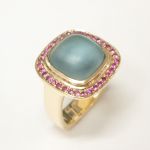 18K yellow gold, frosted blue topaz, pink sapphires PASH Jewellery Design, Gillian E. Batcher