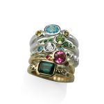 14K yellow gold, tourmaline, diamonds,pink tourmaline, garnet, morganite, blue topaz, peridot, tsavorite garnets, yellow sapphires PASH Jewellery Design, Gillian E. Batcher