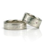 14 palladium white gold and sterling silver mokume gane, 14K palladium white gold inner rings, white diamonds, pink diamond, pink sapphires PASH Jewellery Design, Gillian E. Batcher